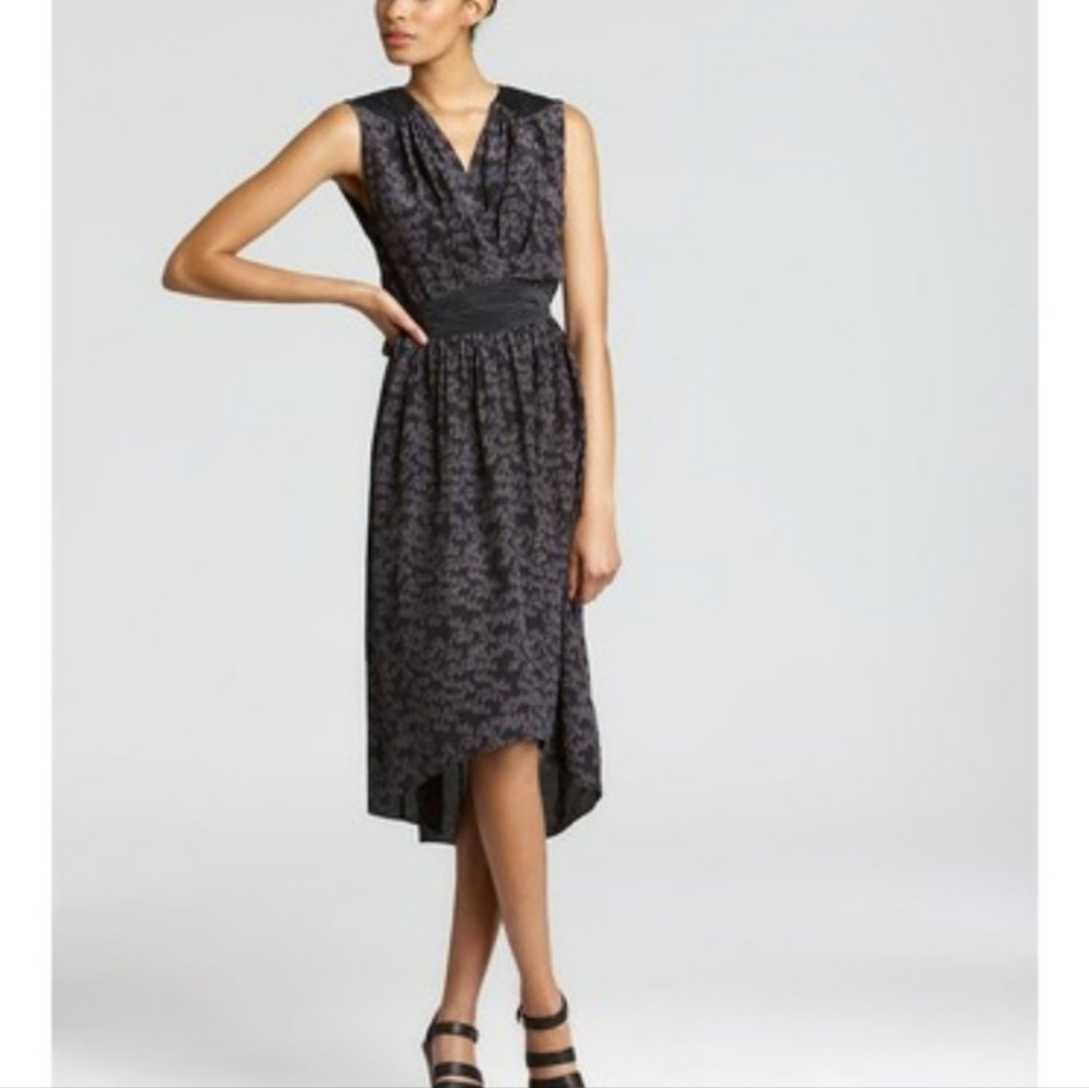 Rebecca Taylor Willow Printed 100% Silk Tie Waist High Low Midi Dress.